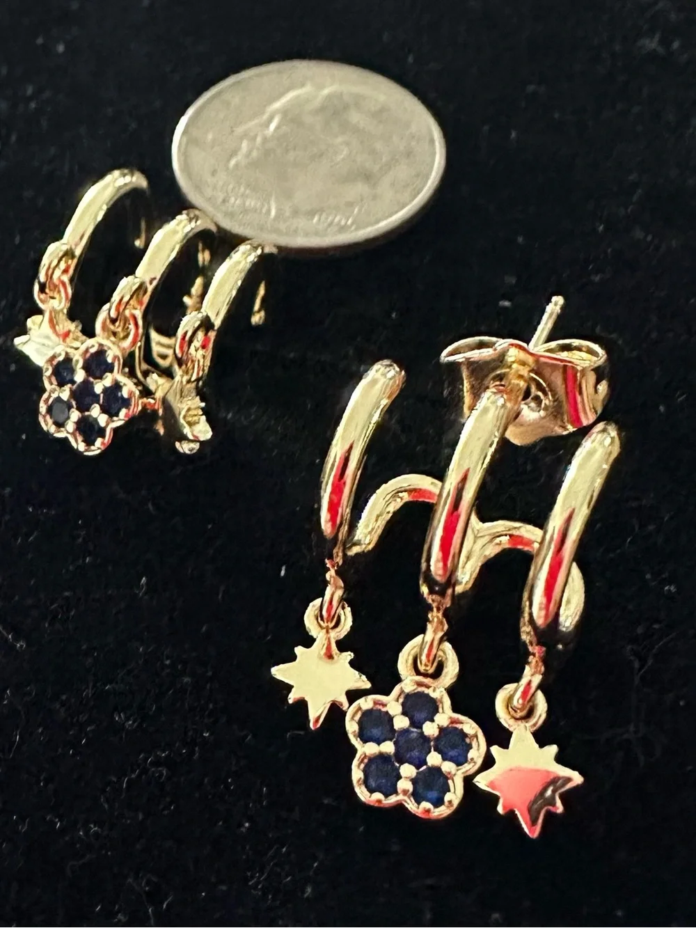 Gold like Floral Dangle huggy Earring posts with blue accent